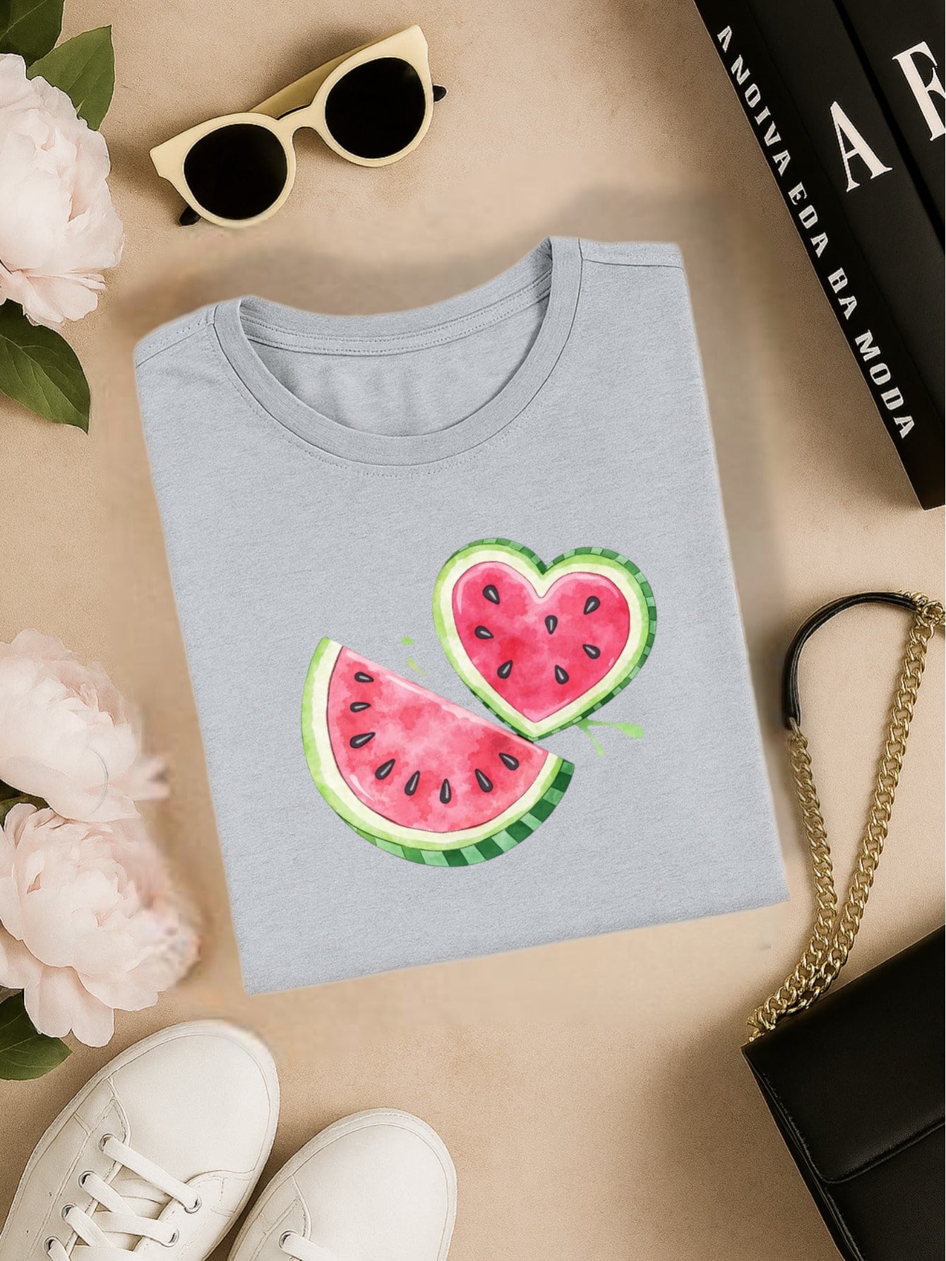 Blus  Feminina 100% Algodão Estampa Melancia Coração | Baby Look | P ao GG