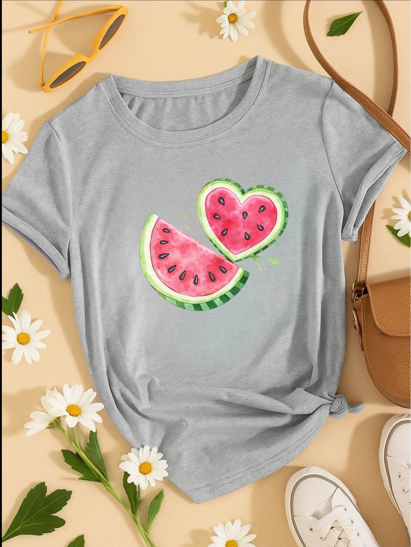 Blus  Feminina 100% Algodão Estampa Melancia Coração | Baby Look | P ao GG