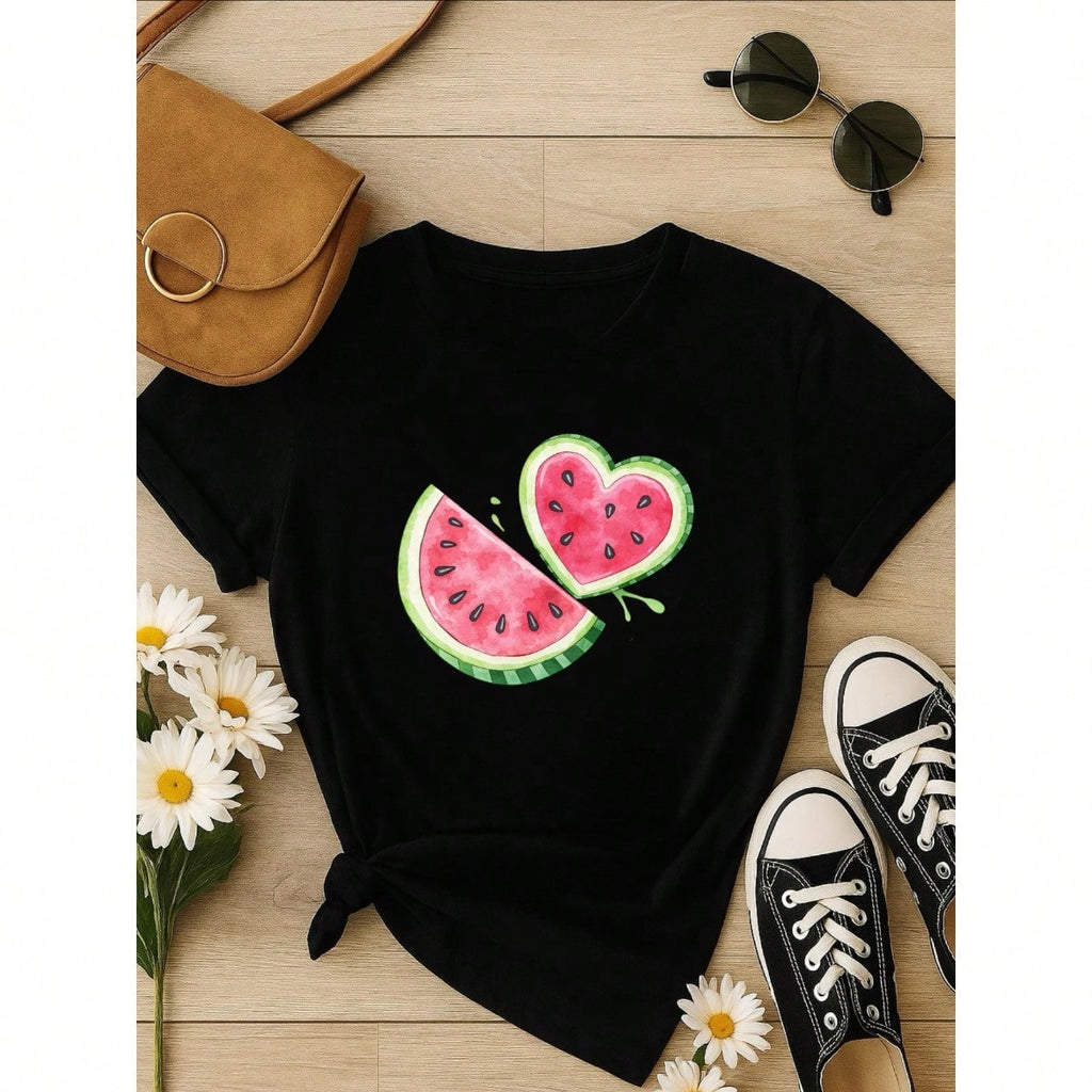 Blus  Feminina 100% Algodão Estampa Melancia Coração | Baby Look | P ao GG