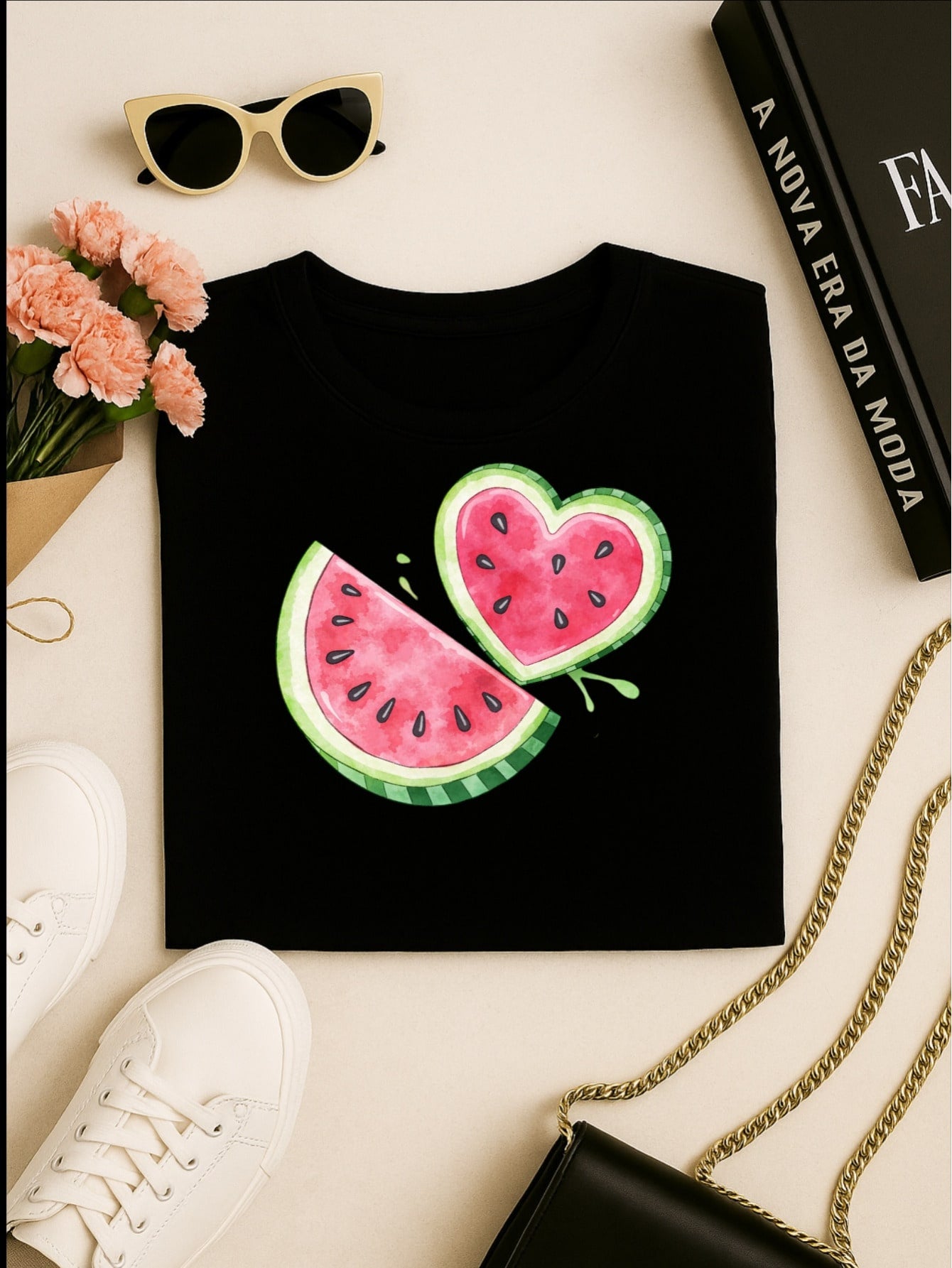 Blus  Feminina 100% Algodão Estampa Melancia Coração | Baby Look | P ao GG