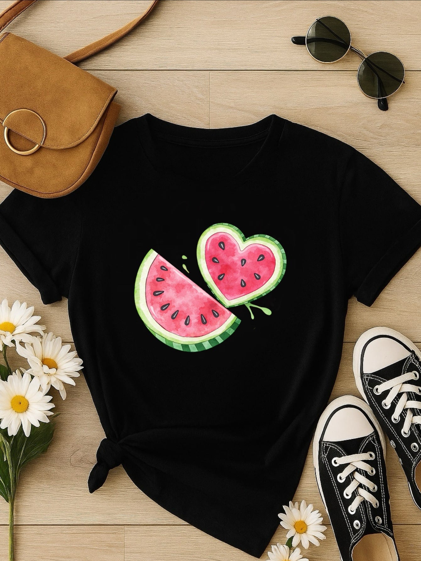 Blus  Feminina 100% Algodão Estampa Melancia Coração | Baby Look | P ao GG