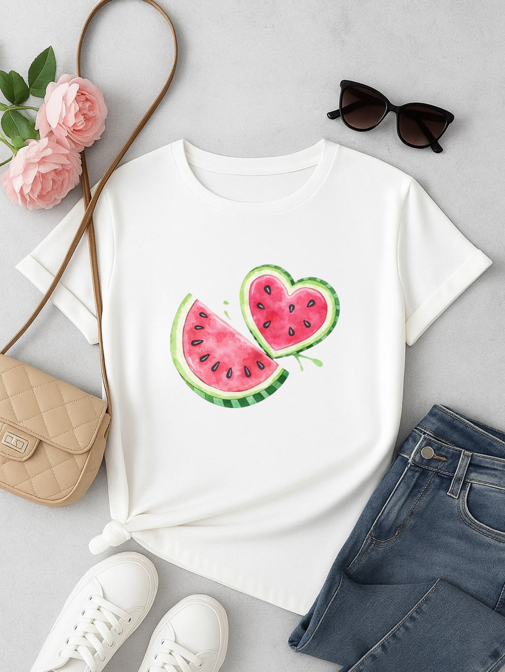 Blus  Feminina 100% Algodão Estampa Melancia Coração | Baby Look | P ao GG