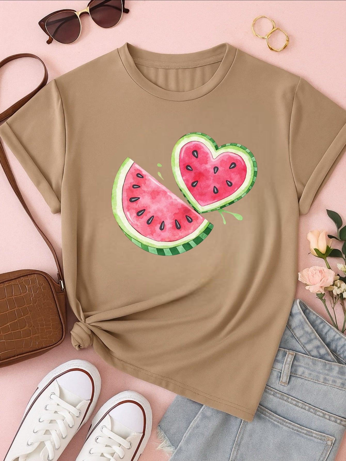 Blus  Feminina 100% Algodão Estampa Melancia Coração | Baby Look | P ao GG