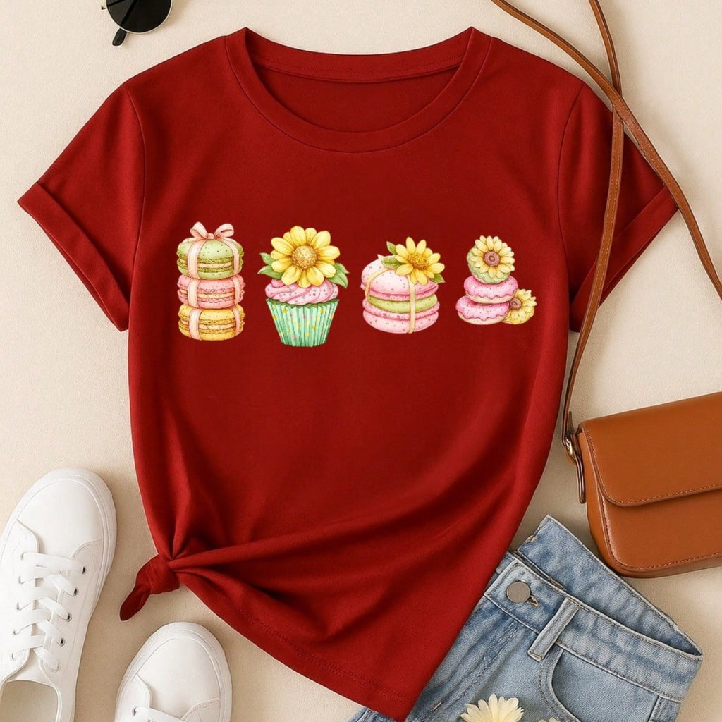 Blusa Feminina 100% Algodão Estampa Cupcake & Macarons Girassol | Cute & Confeitaria | P ao GG