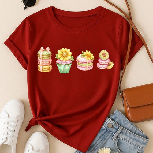 Blusa Feminina 100% Algodão Estampa Cupcake & Macarons Girassol | Cute & Confeitaria | P ao GG