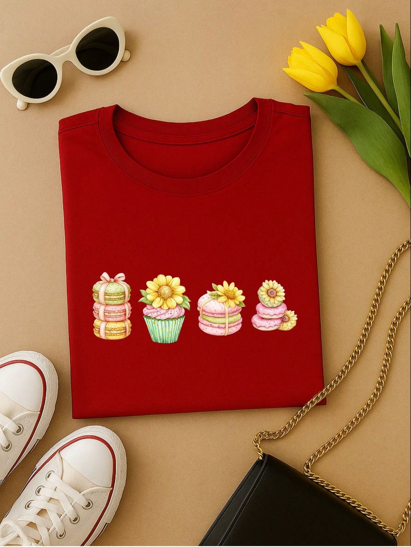 Blusa Feminina 100% Algodão Estampa Cupcake & Macarons Girassol | Cute & Confeitaria | P ao GG