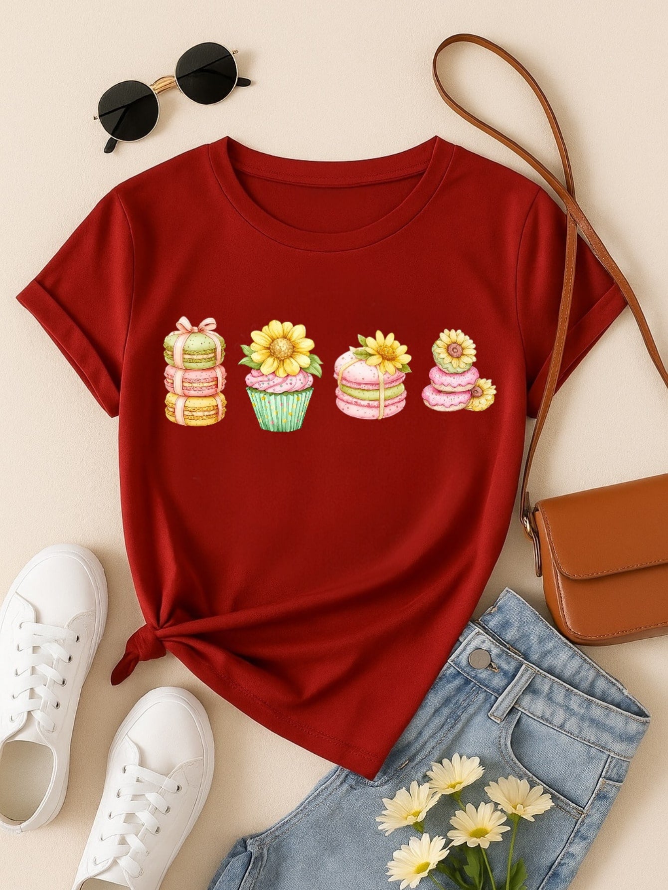 Blusa Feminina 100% Algodão Estampa Cupcake & Macarons Girassol | Cute & Confeitaria | P ao GG