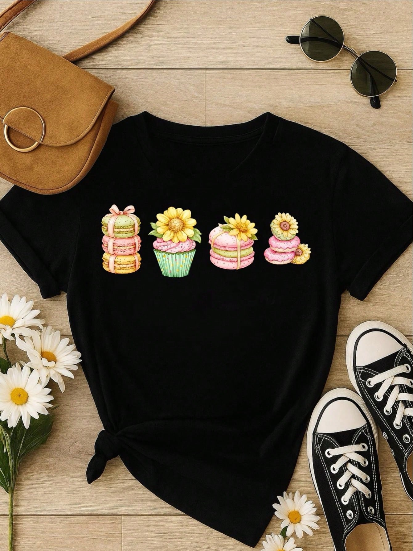 Blusa Feminina 100% Algodão Estampa Cupcake & Macarons Girassol | Cute & Confeitaria | P ao GG