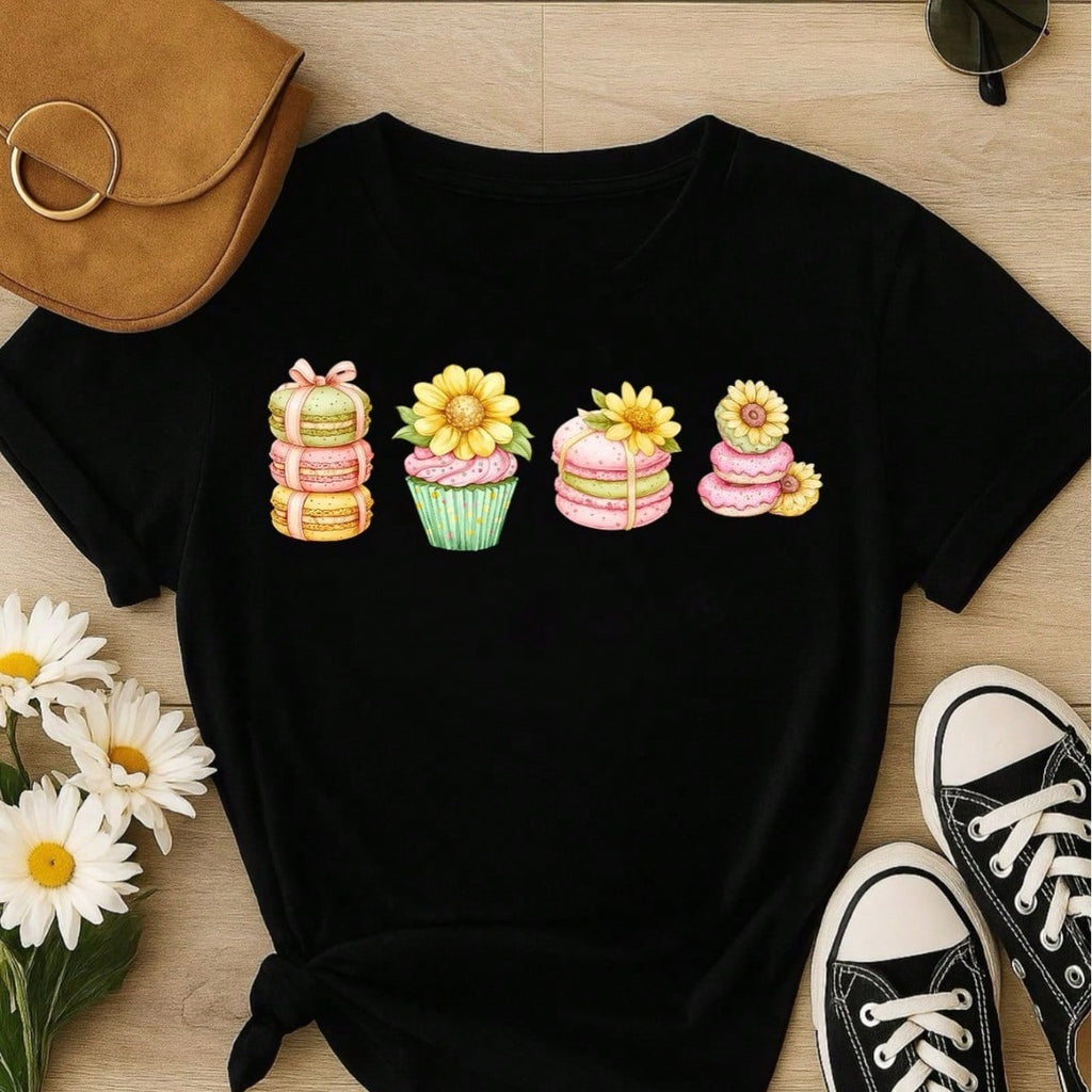 Blusa Feminina 100% Algodão Estampa Cupcake & Macarons Girassol | Cute & Confeitaria | P ao GG