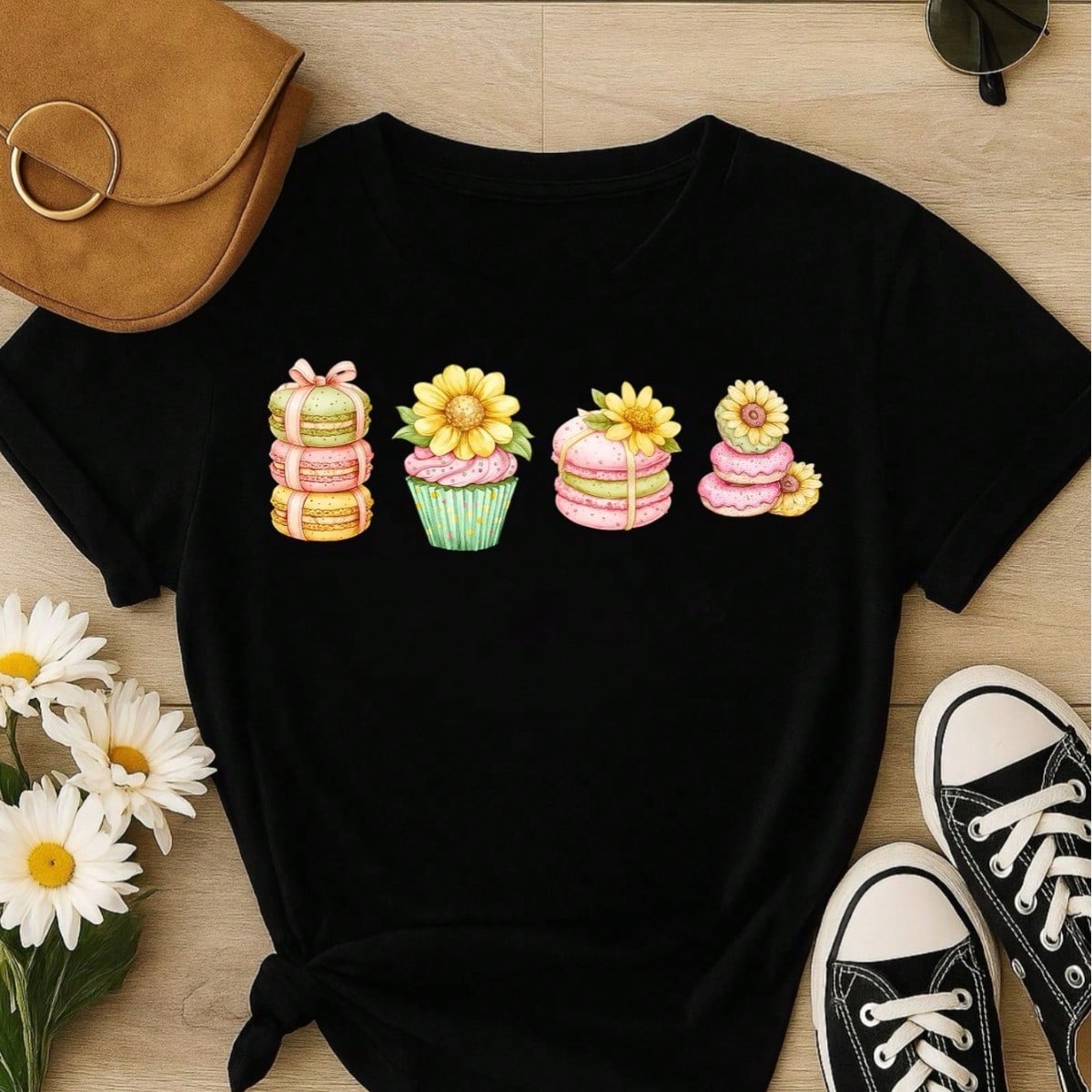 Blusa Feminina 100% Algodão Estampa Cupcake & Macarons Girassol | Cute & Confeitaria | P ao GG