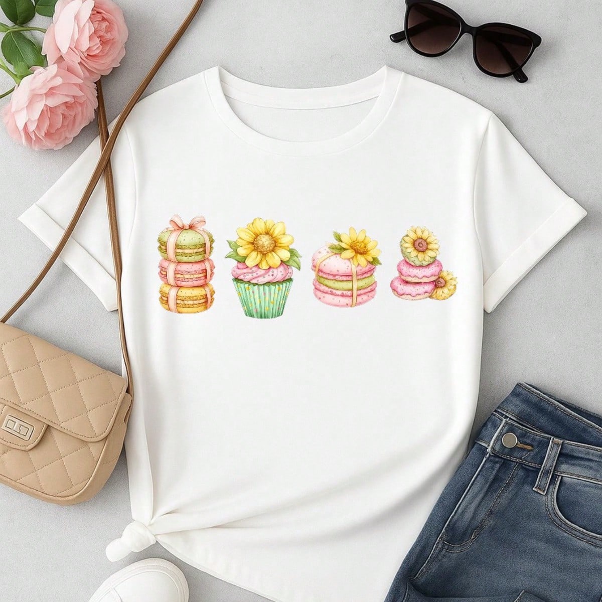 Blusa Feminina 100% Algodão Estampa Cupcake & Macarons Girassol | Cute & Confeitaria | P ao GG