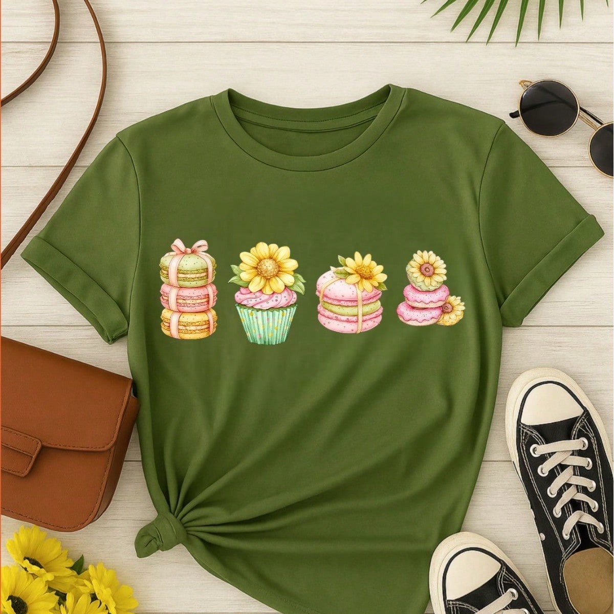 Blusa Feminina 100% Algodão Estampa Cupcake & Macarons Girassol | Cute & Confeitaria | P ao GG