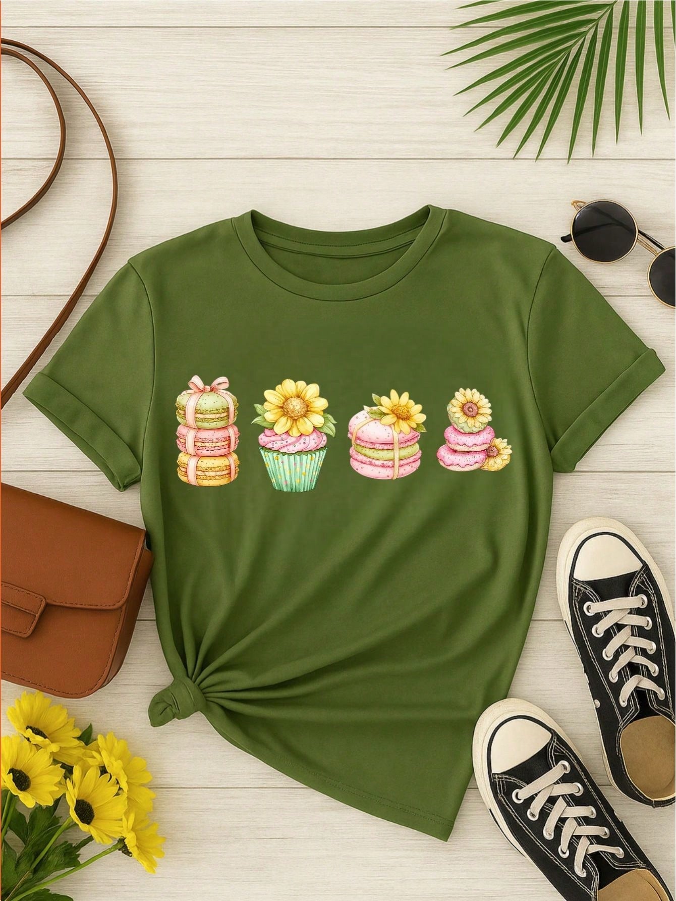 Blusa Feminina 100% Algodão Estampa Cupcake & Macarons Girassol | Cute & Confeitaria | P ao GG