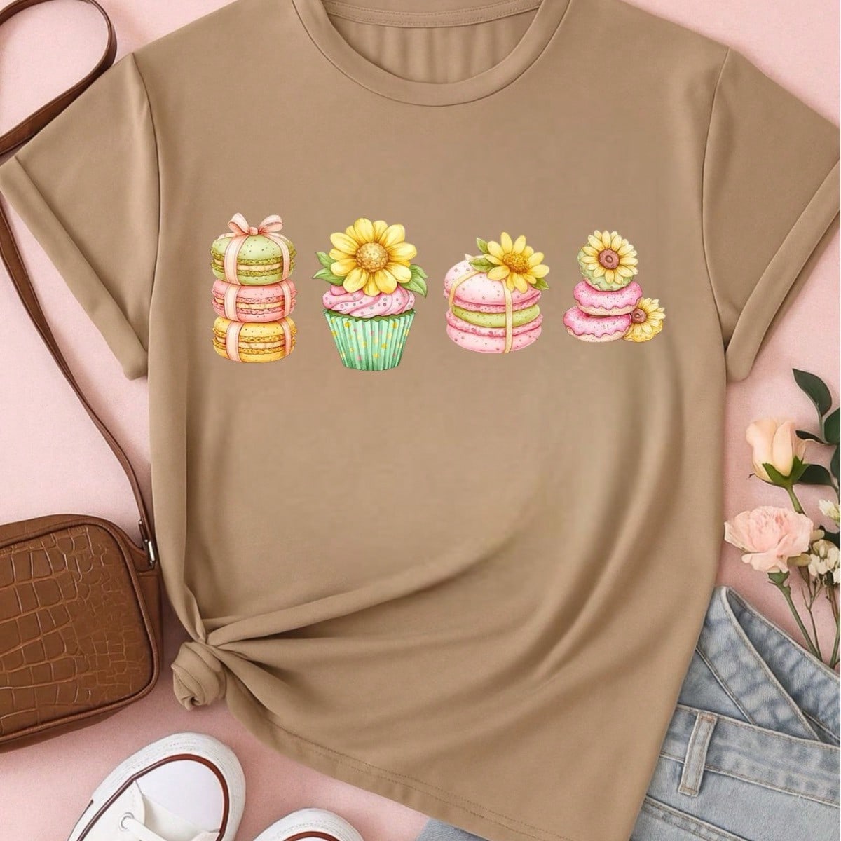 Blusa Feminina 100% Algodão Estampa Cupcake & Macarons Girassol | Cute & Confeitaria | P ao GG