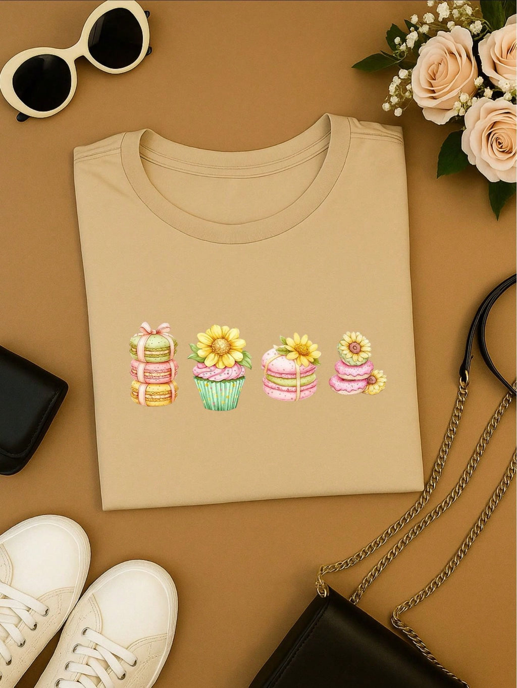 Blusa Feminina 100% Algodão Estampa Cupcake & Macarons Girassol | Cute & Confeitaria | P ao GG