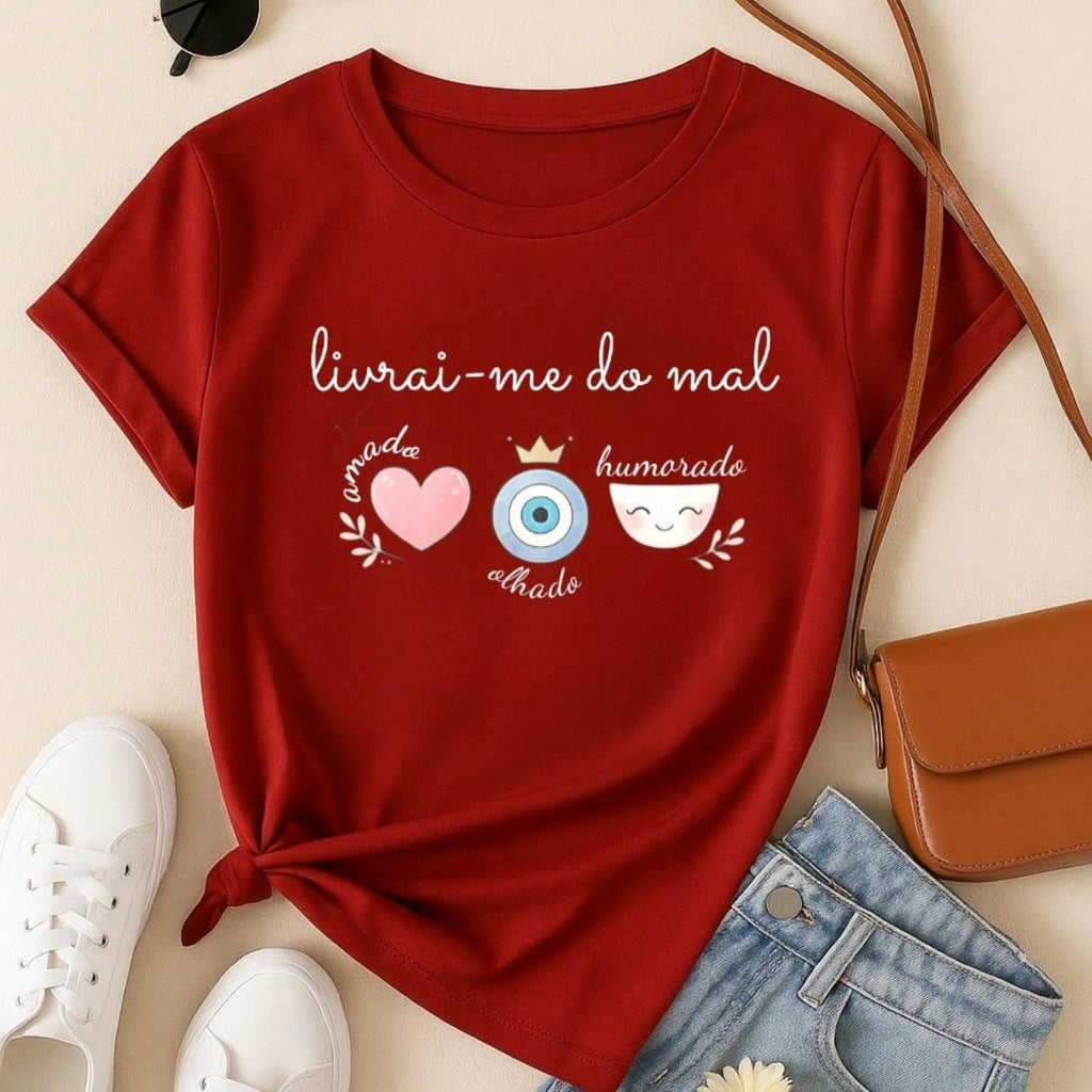 Blusa Feminina Estampa Livrai-me do Mal 100% Algodão Casual | P ao GG