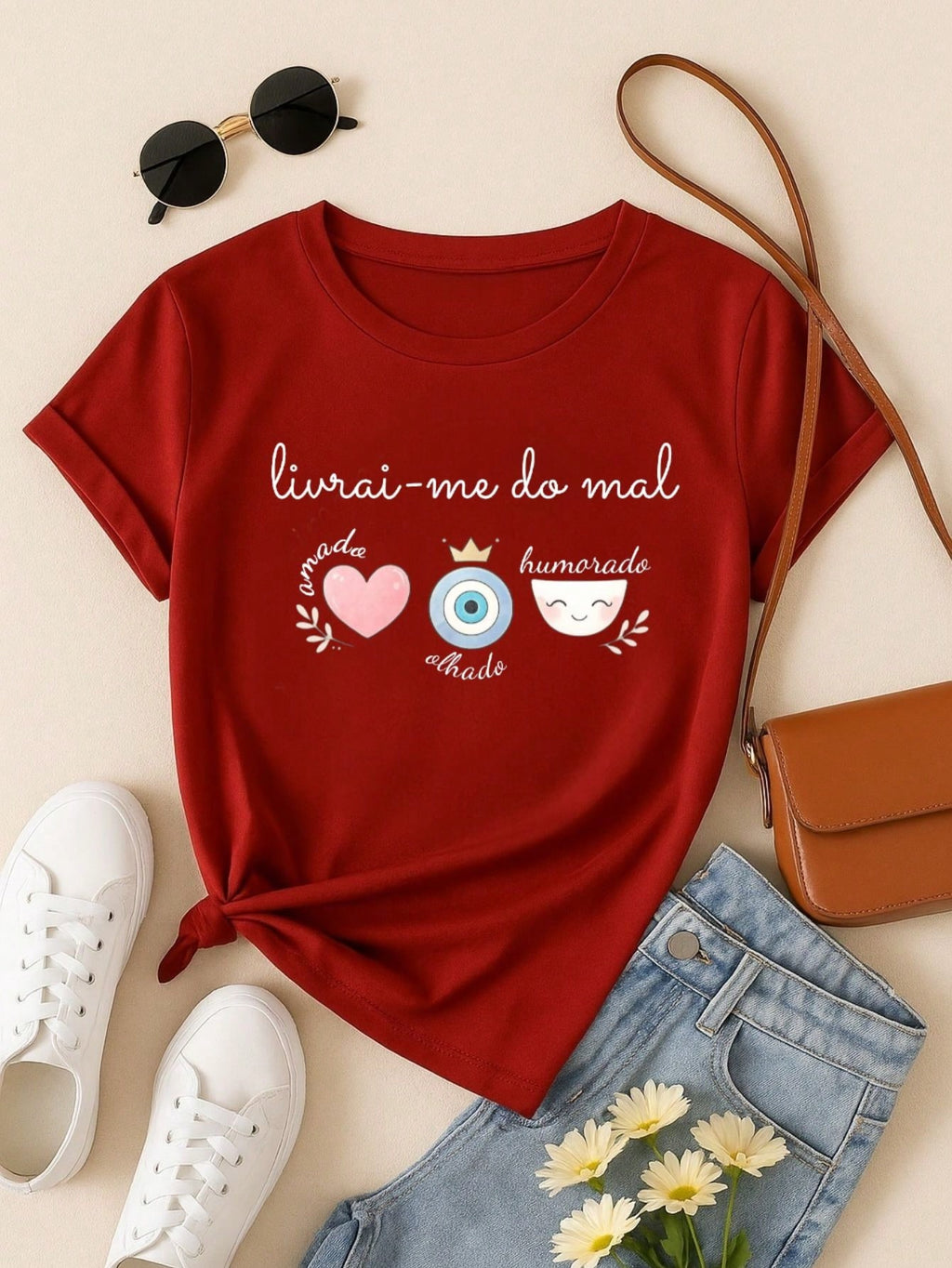 Blusa Feminina Estampa Livrai-me do Mal 100% Algodão Casual | P ao GG