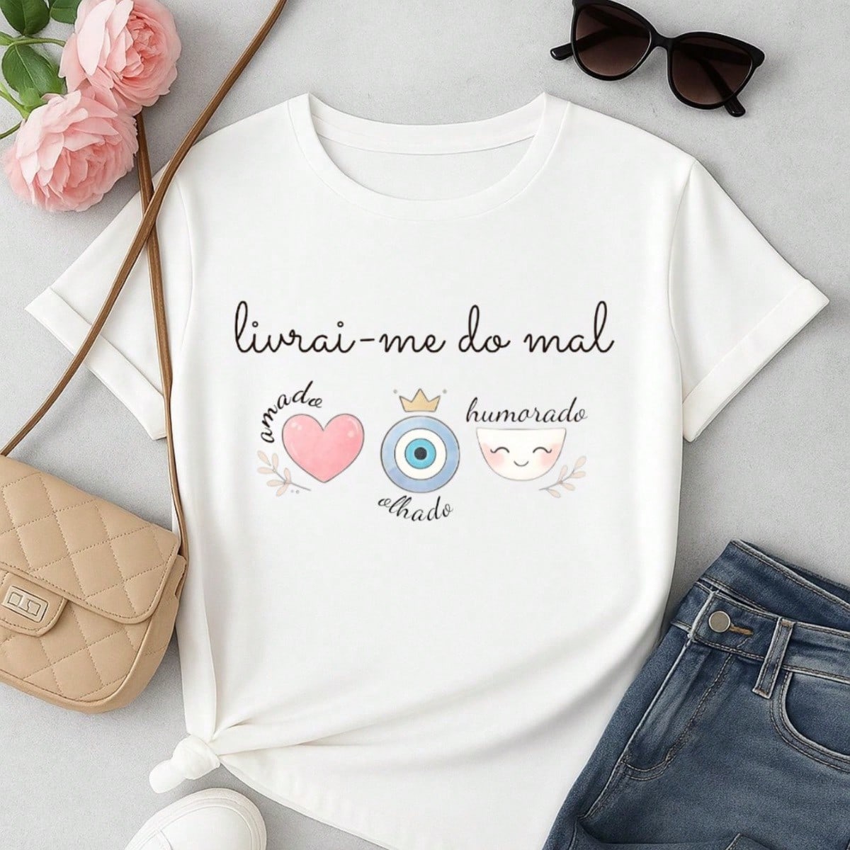 Blusa Feminina Estampa Livrai-me do Mal 100% Algodão Casual | P ao GG