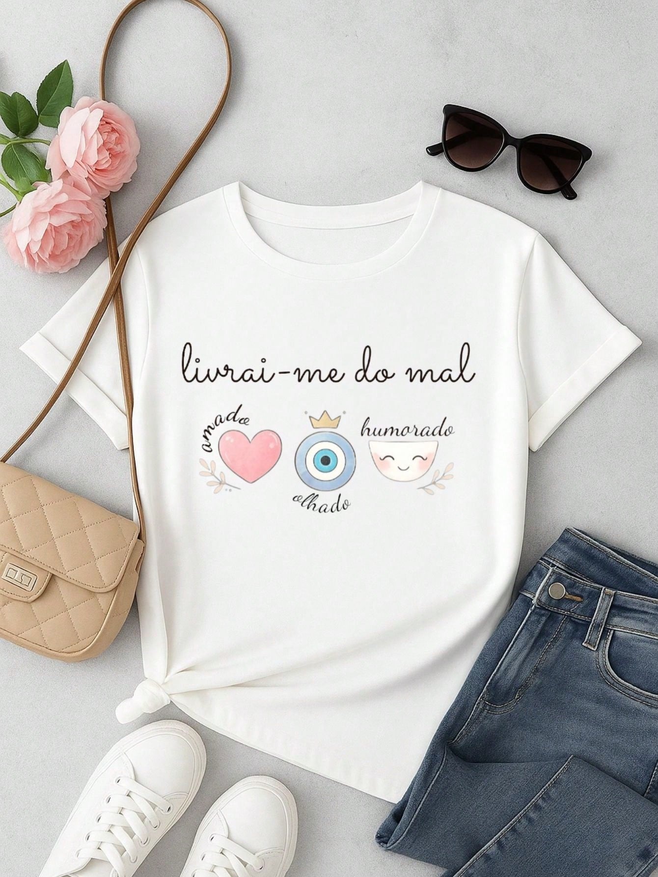 Blusa Feminina Estampa Livrai-me do Mal 100% Algodão Casual | P ao GG