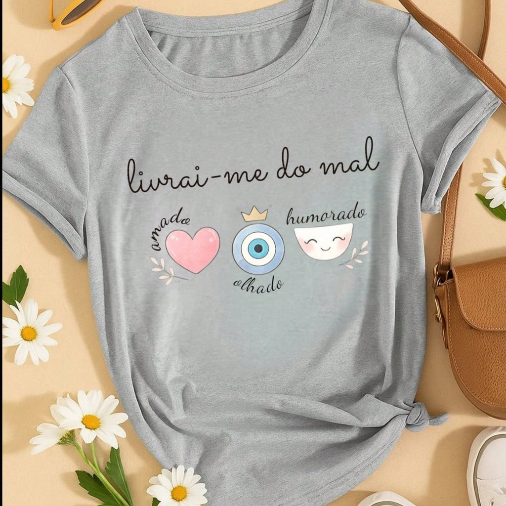 Blusa Feminina Estampa Livrai-me do Mal 100% Algodão Casual | P ao GG