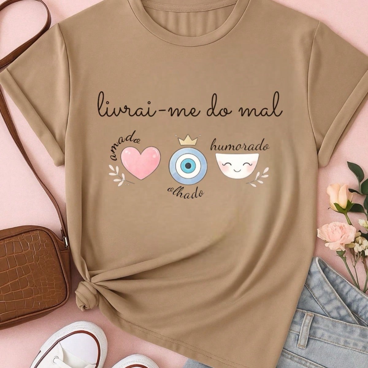 Blusa Feminina Estampa Livrai-me do Mal 100% Algodão Casual | P ao GG