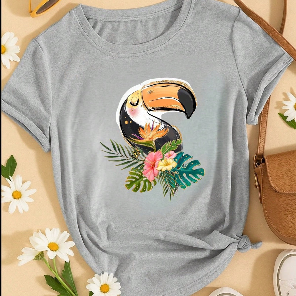 Blusa Feminina 100% Algodão Estampa Tucano Tropical | Camiseta Casual Confortável