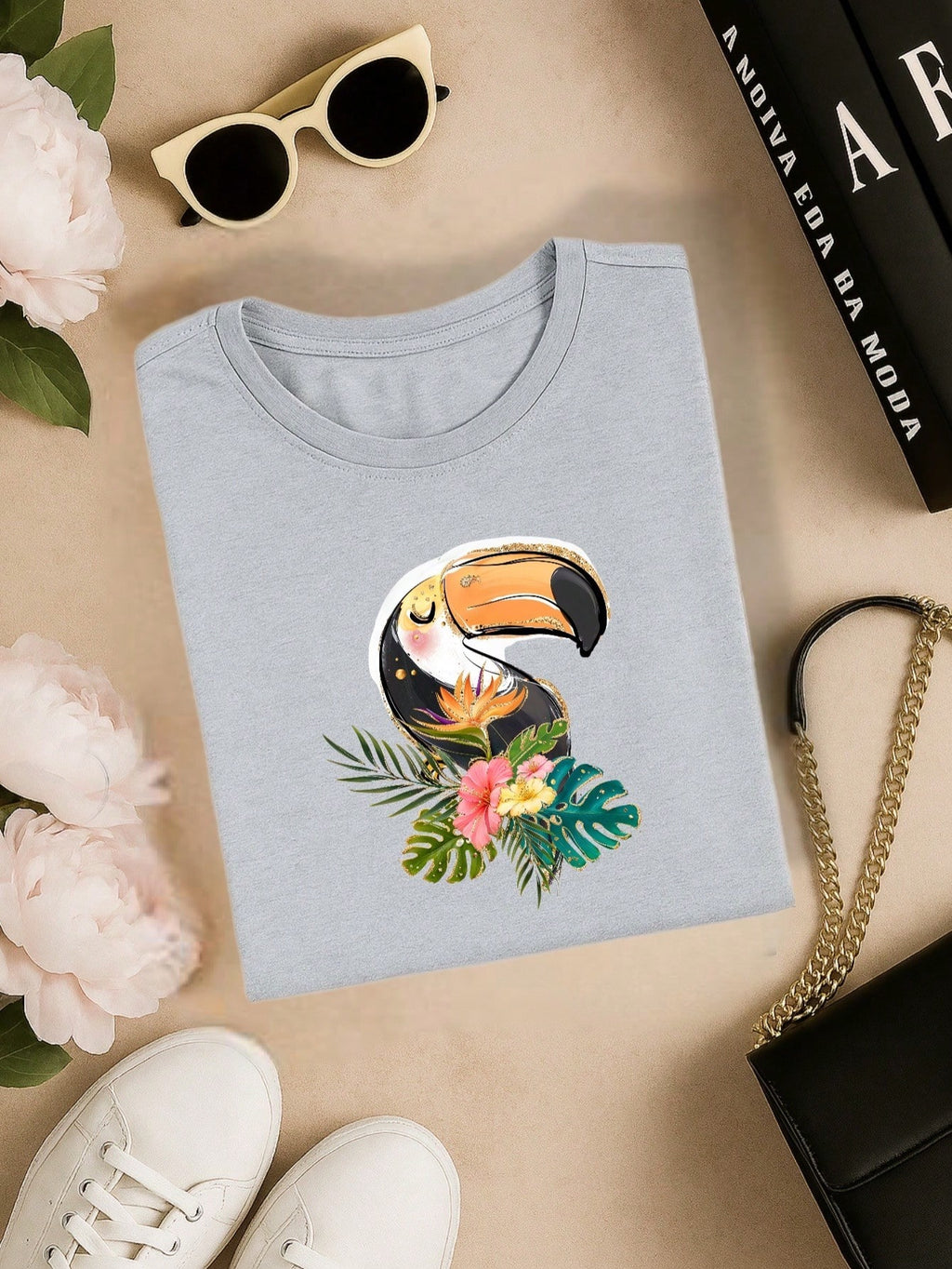 Blusa Feminina 100% Algodão Estampa Tucano Tropical | Camiseta Casual Confortável
