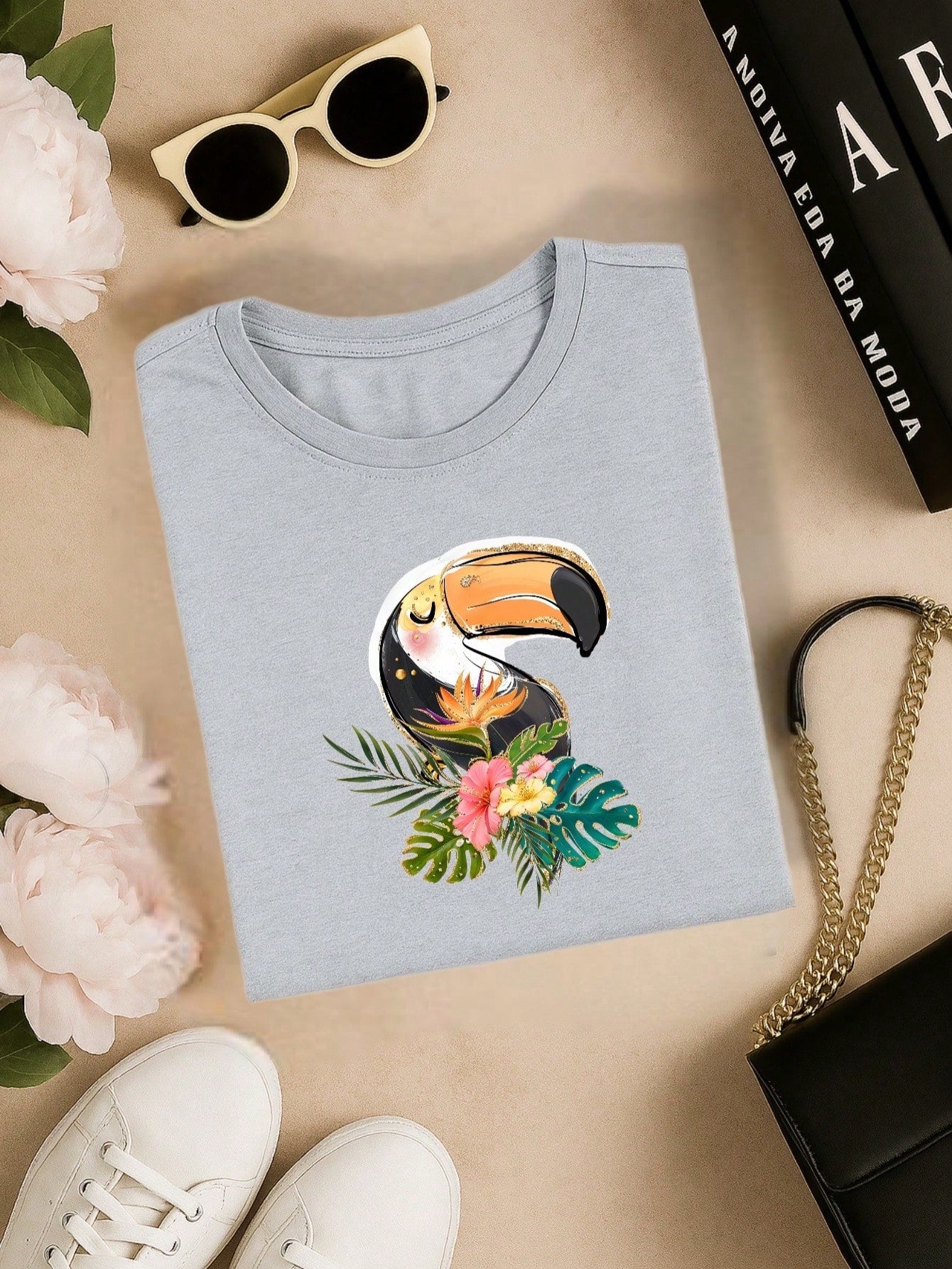 Blusa Feminina 100% Algodão Estampa Tucano Tropical | Camiseta Casual Confortável