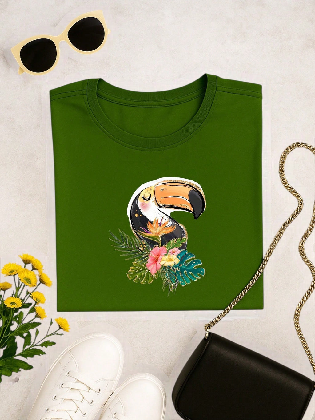 Blusa Feminina 100% Algodão Estampa Tucano Tropical | Camiseta Casual Confortável
