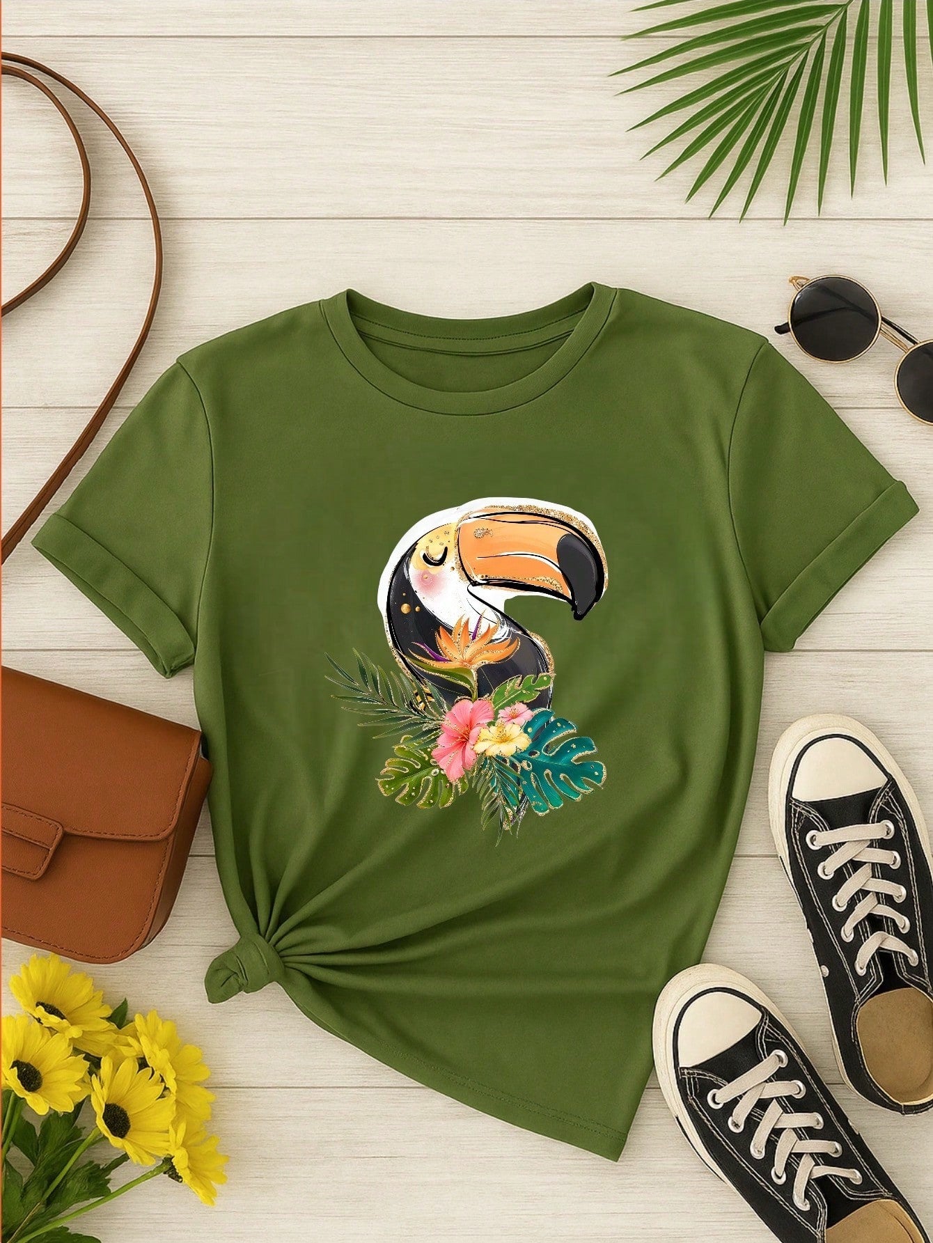 Blusa Feminina 100% Algodão Estampa Tucano Tropical | Camiseta Casual Confortável