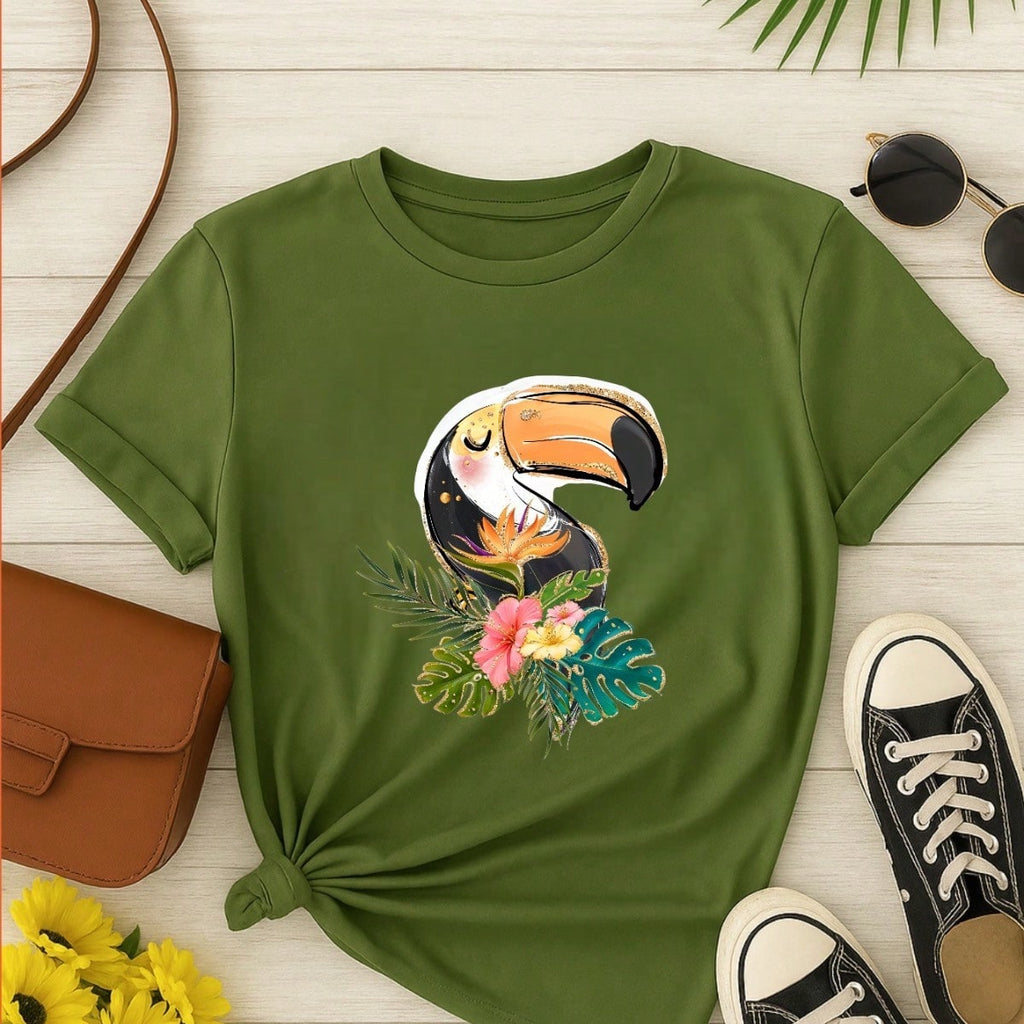 Blusa Feminina 100% Algodão Estampa Tucano Tropical | Camiseta Casual Confortável