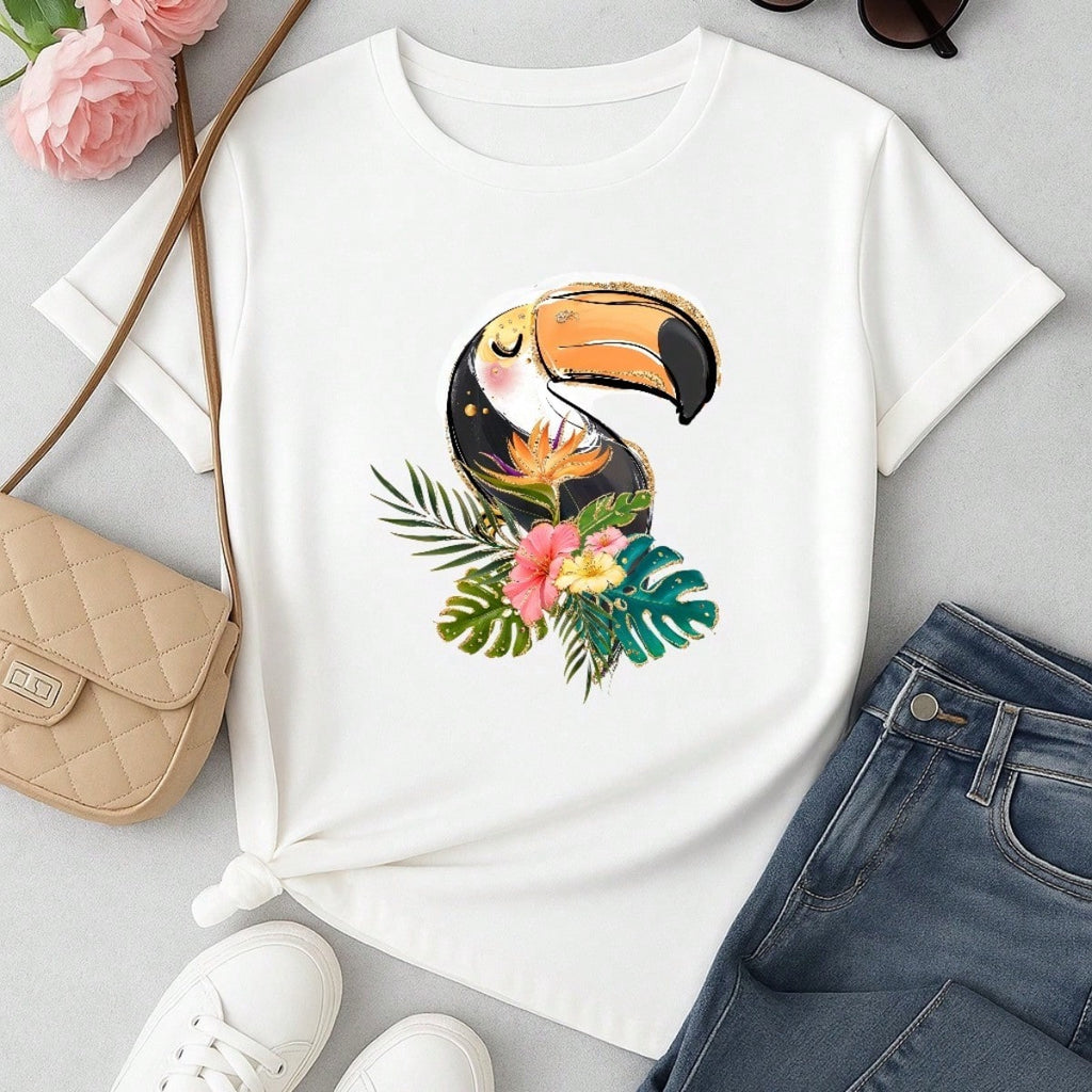 Blusa Feminina 100% Algodão Estampa Tucano Tropical | Camiseta Casual Confortável