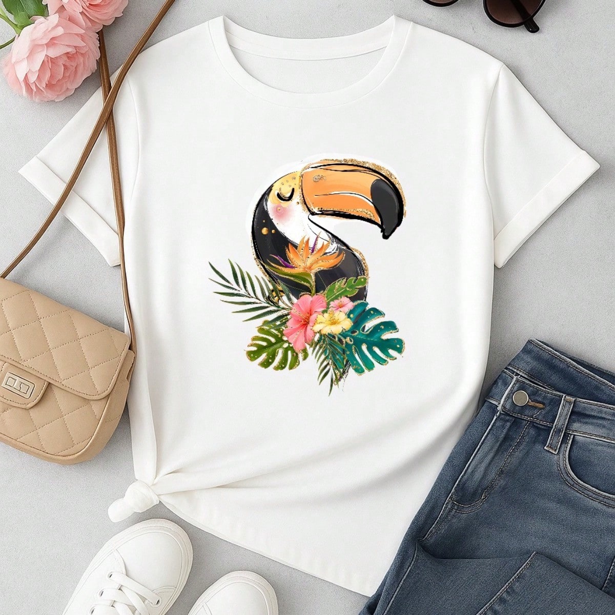 Blusa Feminina 100% Algodão Estampa Tucano Tropical | Camiseta Casual Confortável
