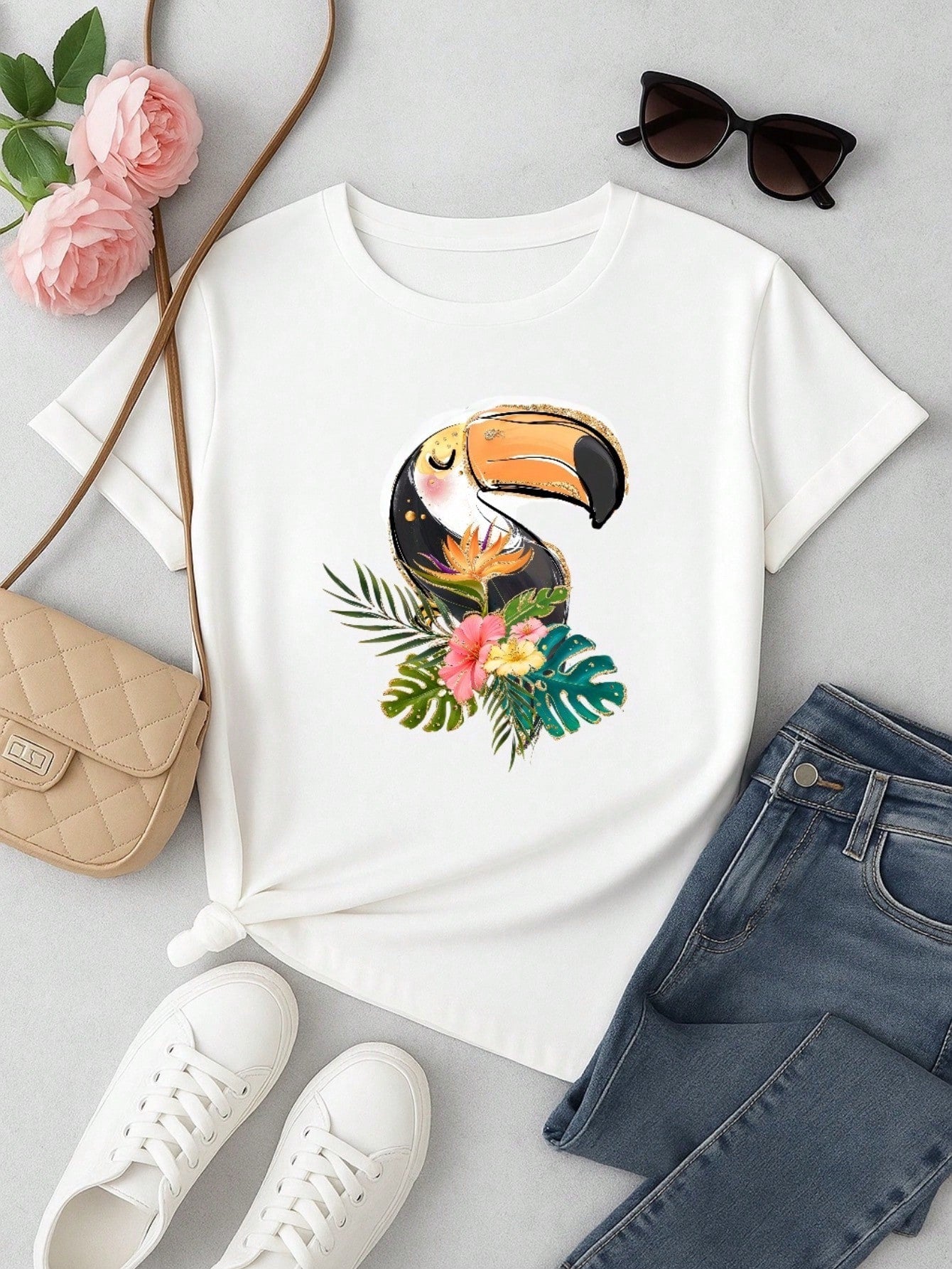 Blusa Feminina 100% Algodão Estampa Tucano Tropical | Camiseta Casual Confortável