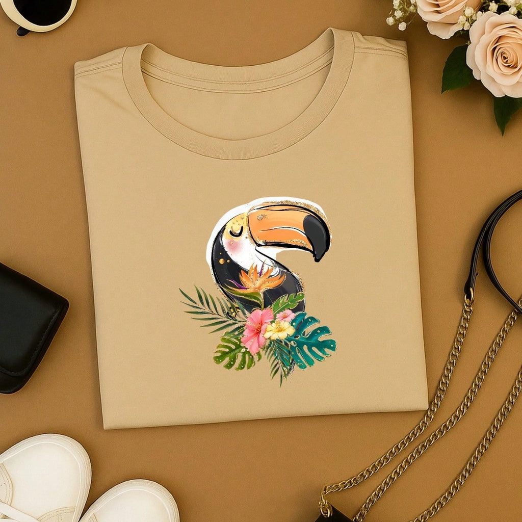 Blusa Feminina 100% Algodão Estampa Tucano Tropical | Camiseta Casual Confortável