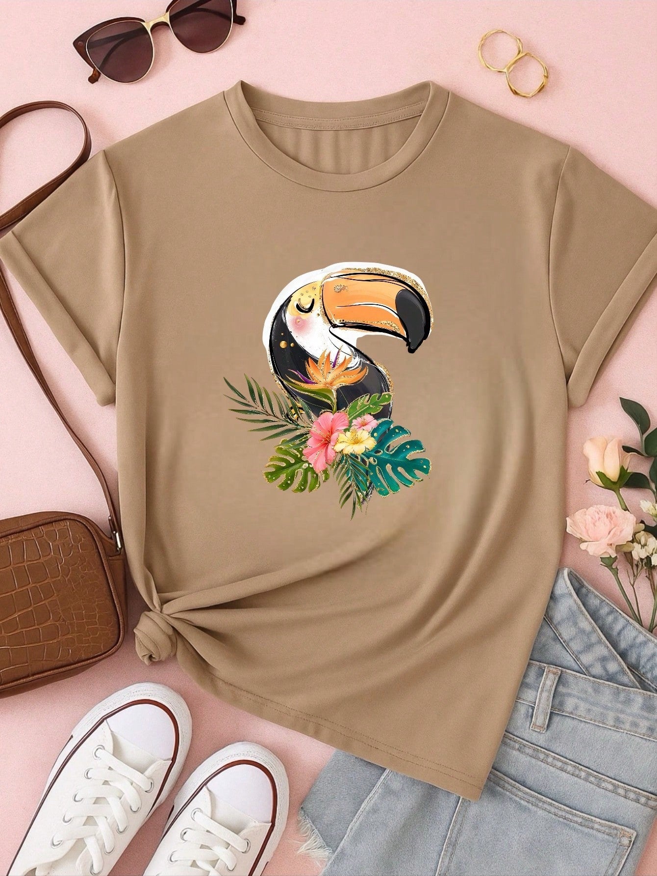 Blusa Feminina 100% Algodão Estampa Tucano Tropical | Camiseta Casual Confortável