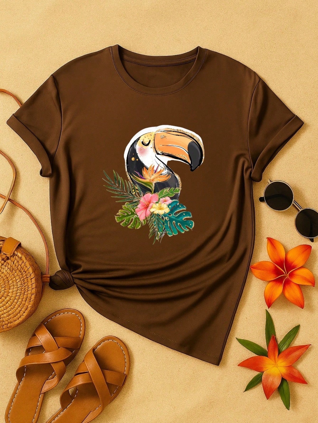 Blusa Feminina 100% Algodão Estampa Tucano Tropical | Camiseta Casual Confortável