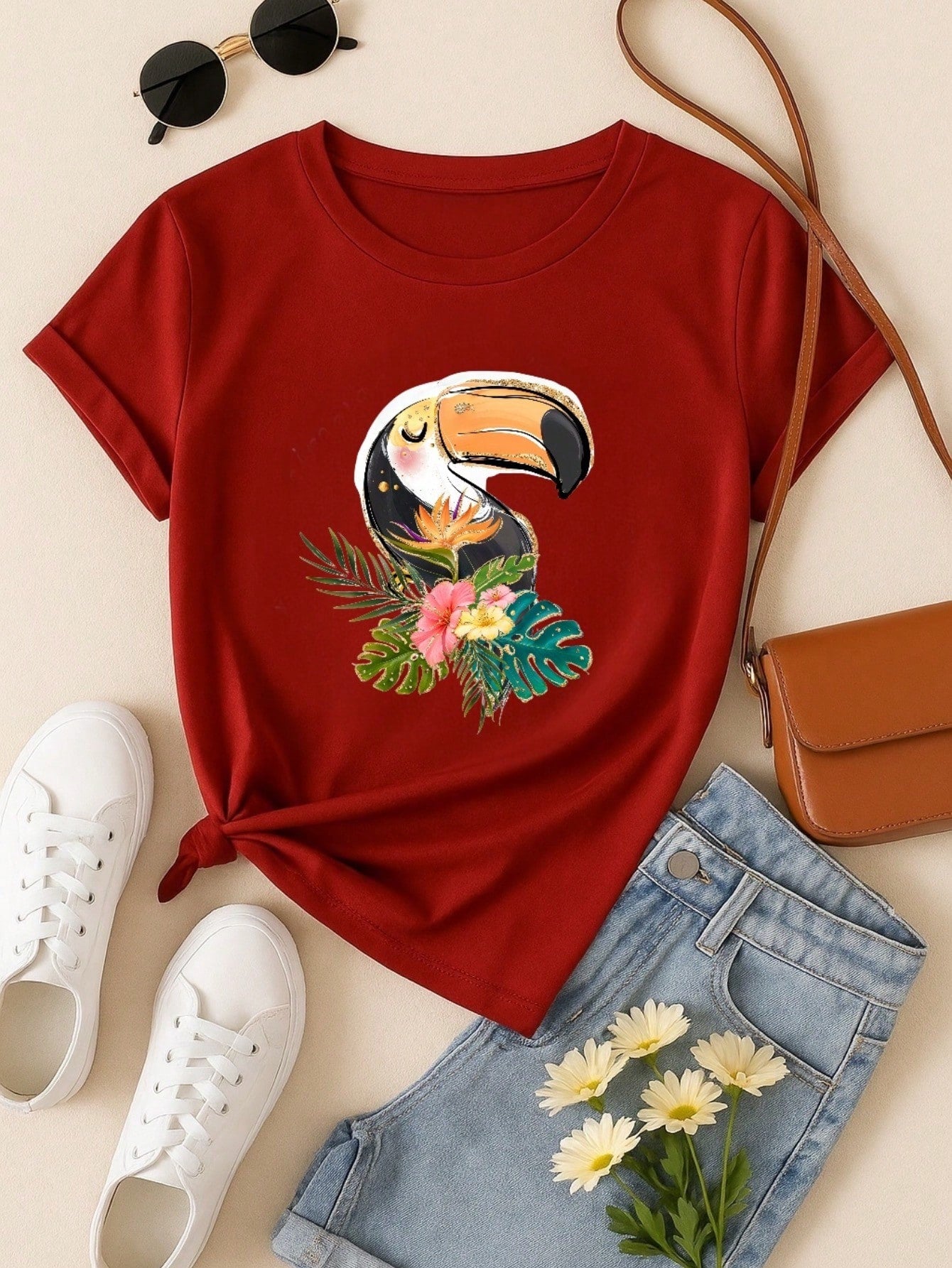 Blusa Feminina 100% Algodão Estampa Tucano Tropical | Camiseta Casual Confortável