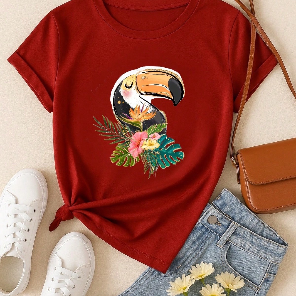 Blusa Feminina 100% Algodão Estampa Tucano Tropical | Camiseta Casual Confortável