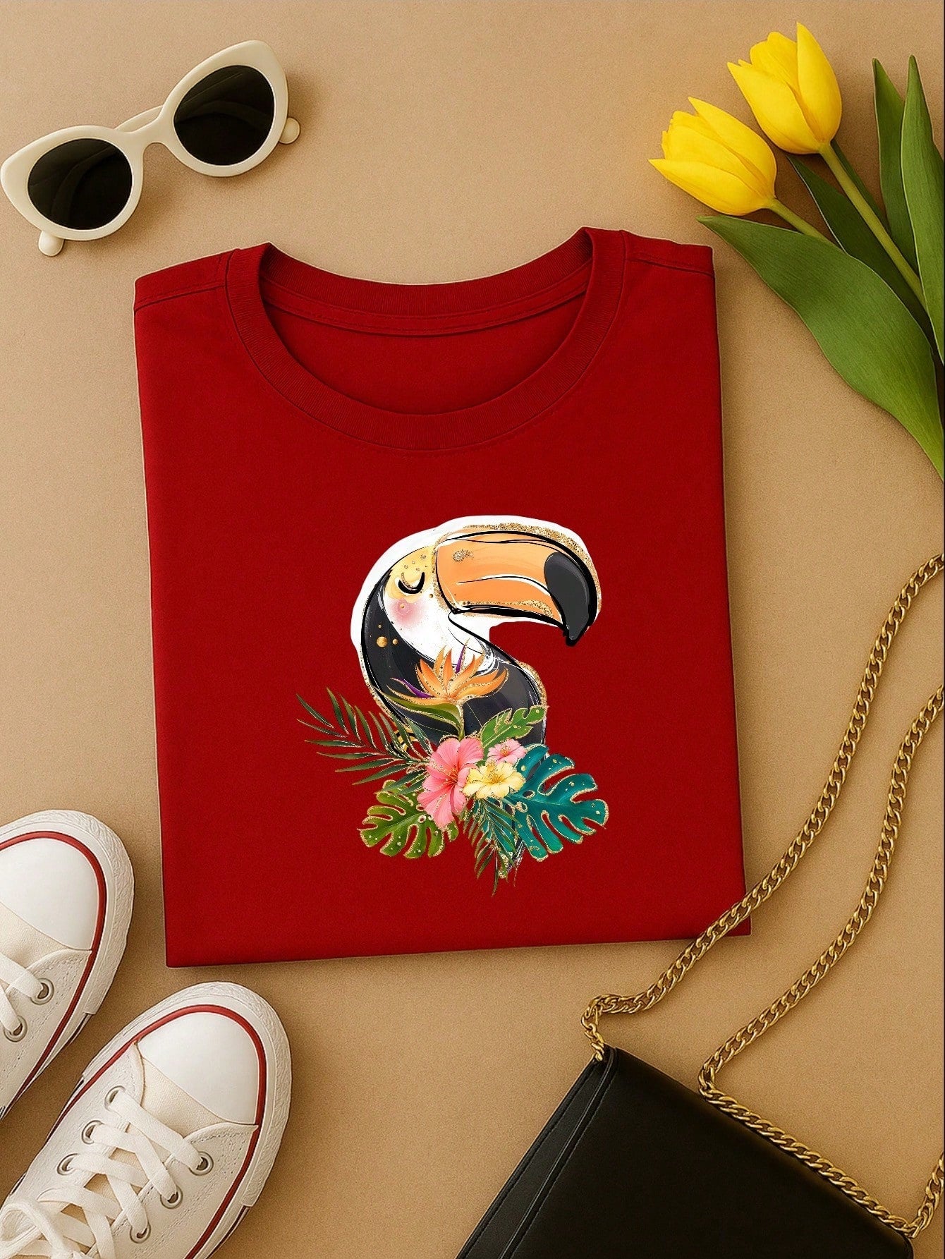 Blusa Feminina 100% Algodão Estampa Tucano Tropical | Camiseta Casual Confortável
