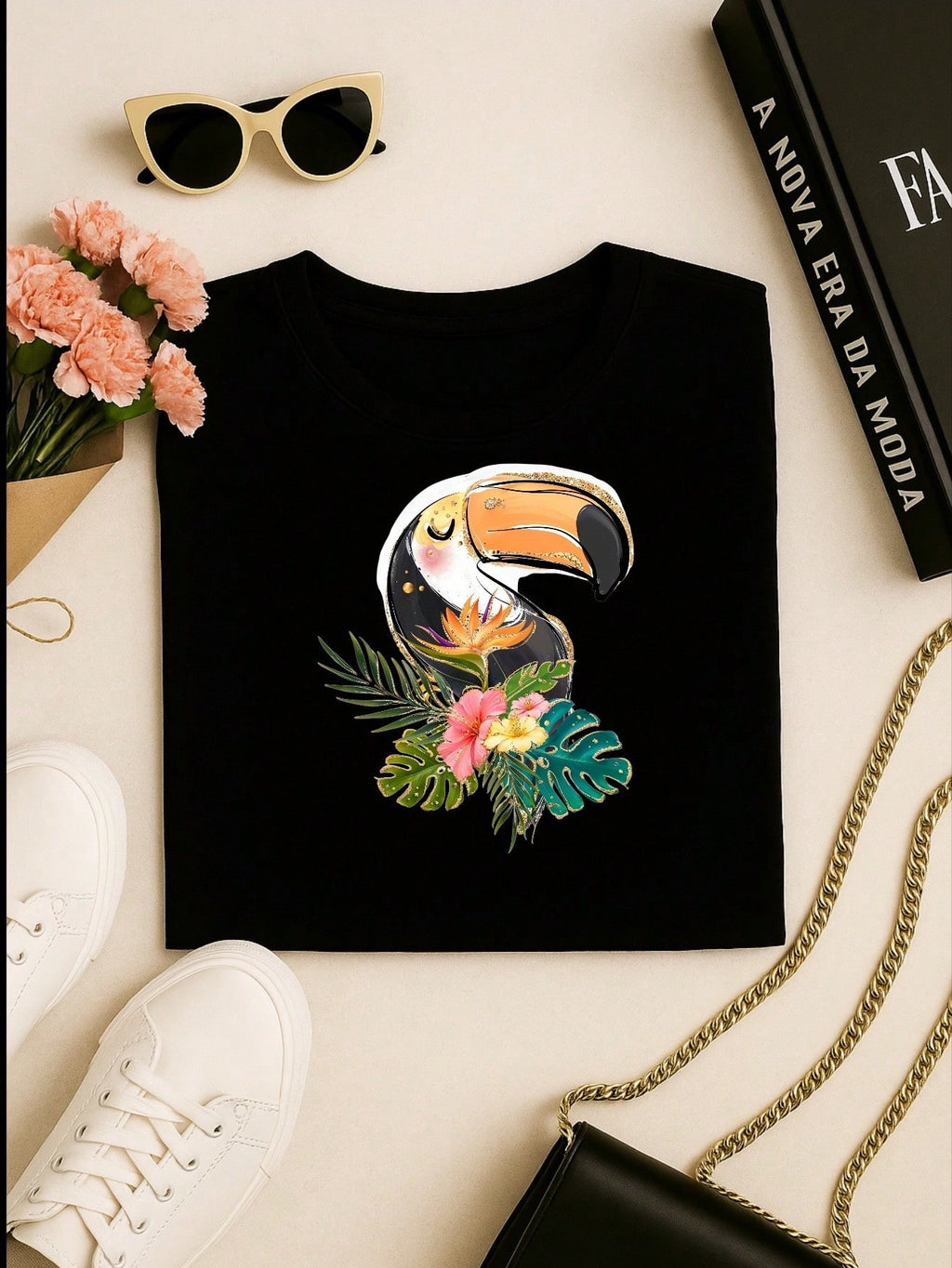 Blusa Feminina 100% Algodão Estampa Tucano Tropical | Camiseta Casual Confortável