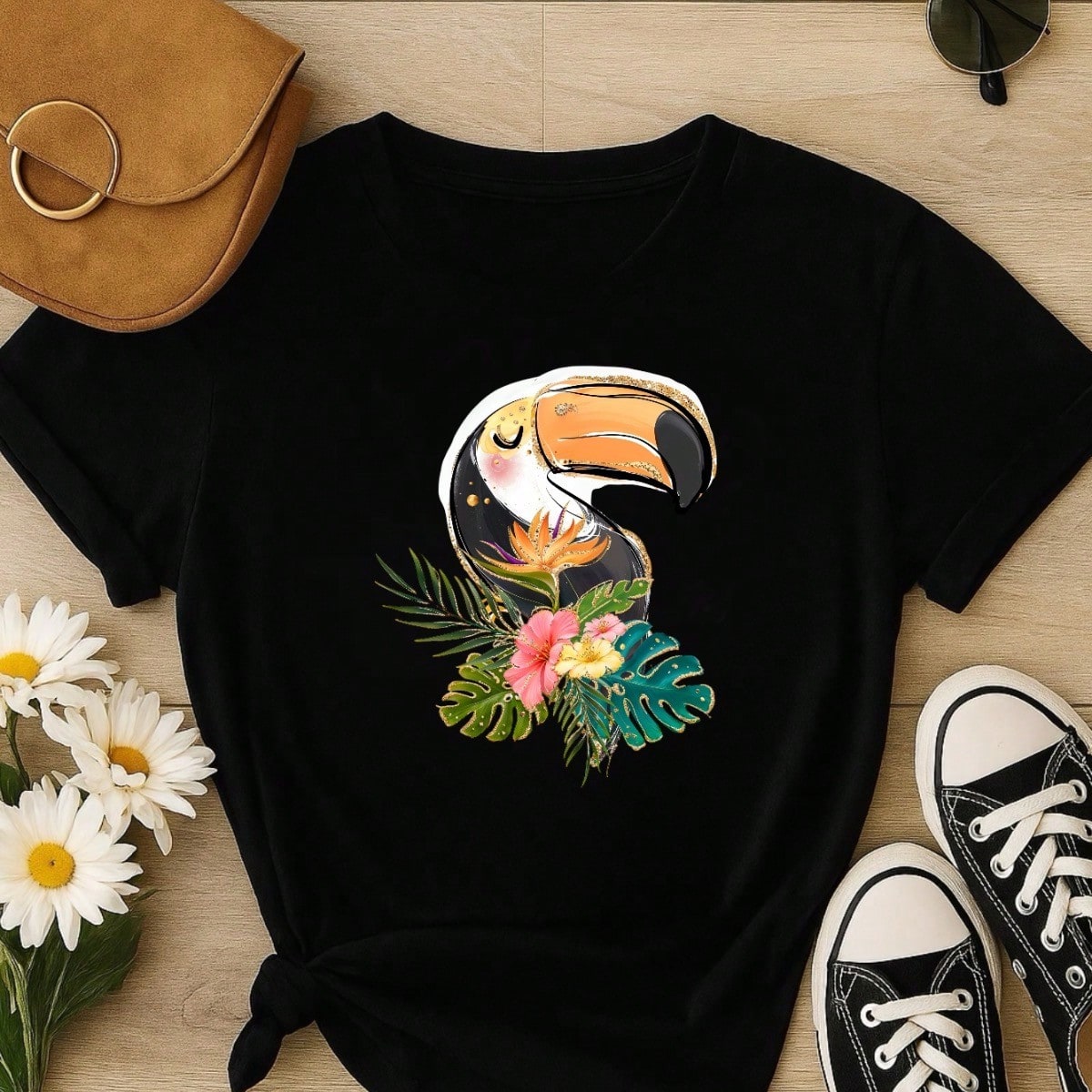 Blusa Feminina 100% Algodão Estampa Tucano Tropical | Camiseta Casual Confortável