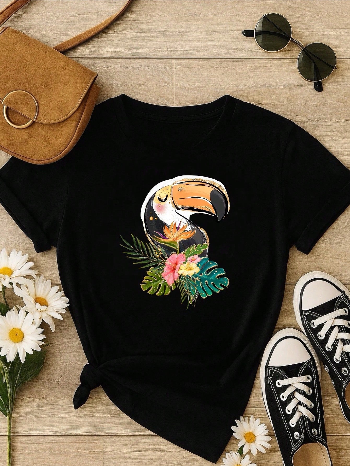 Blusa Feminina 100% Algodão Estampa Tucano Tropical | Camiseta Casual Confortável