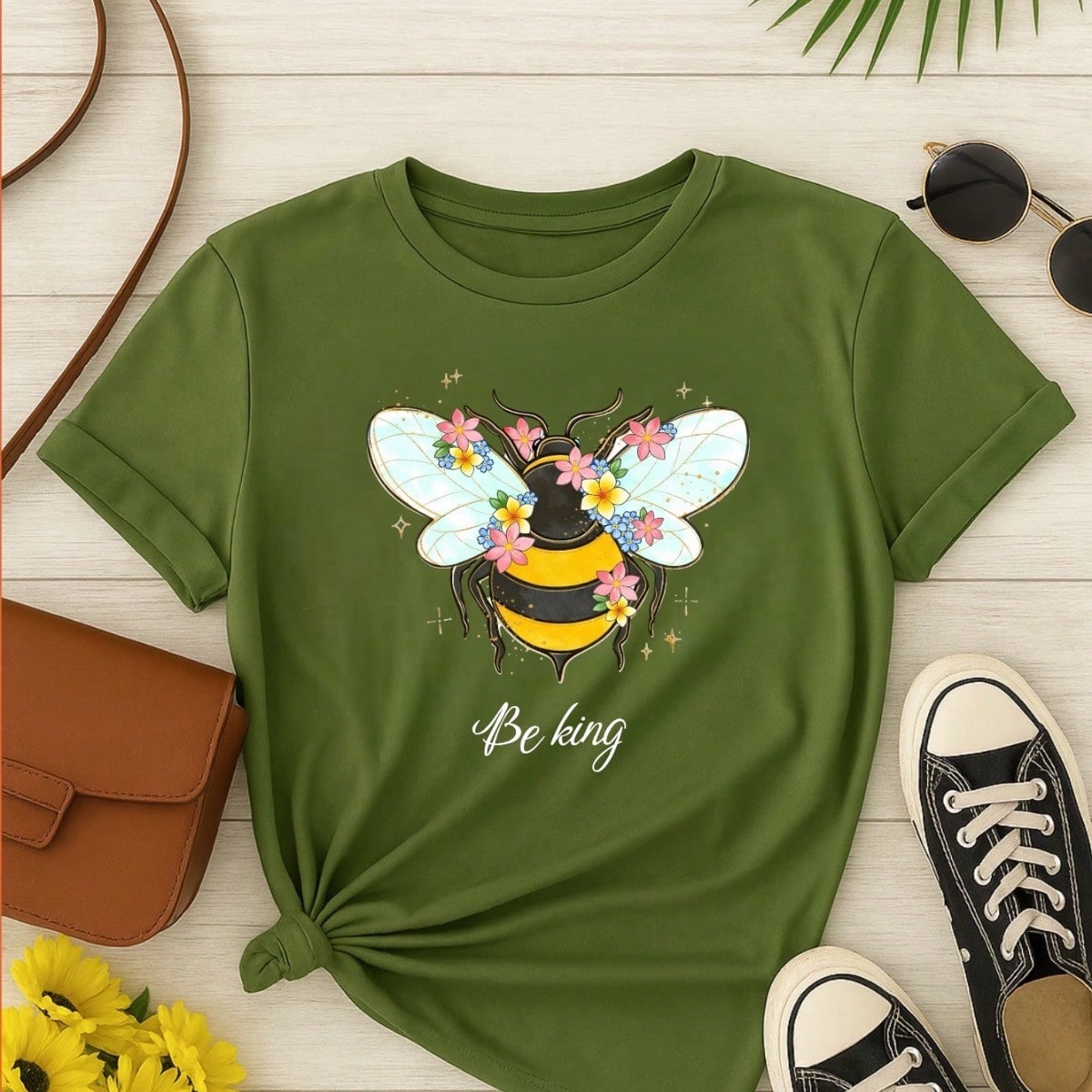Blusa Feminina 100% Algodão Be Kind | Camiseta Estampada Abelha Floral Casual | P ao GG