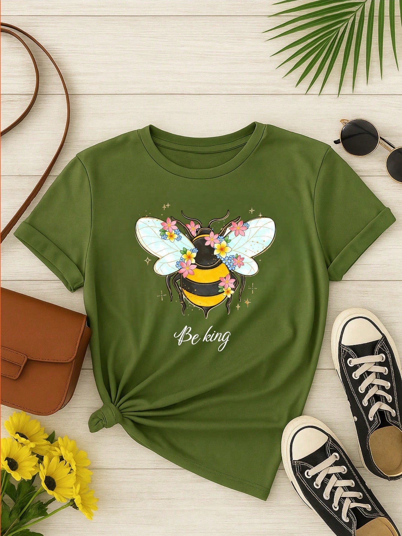 Blusa Feminina 100% Algodão Be Kind | Camiseta Estampada Abelha Floral Casual | P ao GG