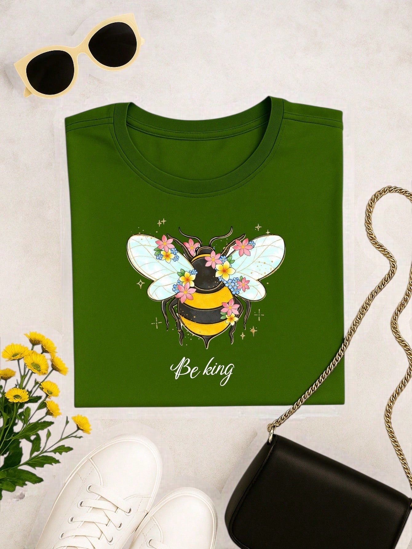 Blusa Feminina 100% Algodão Be Kind | Camiseta Estampada Abelha Floral Casual | P ao GG