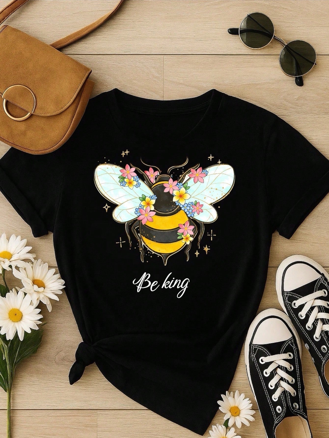 Blusa Feminina 100% Algodão Be Kind | Camiseta Estampada Abelha Floral Casual | P ao GG