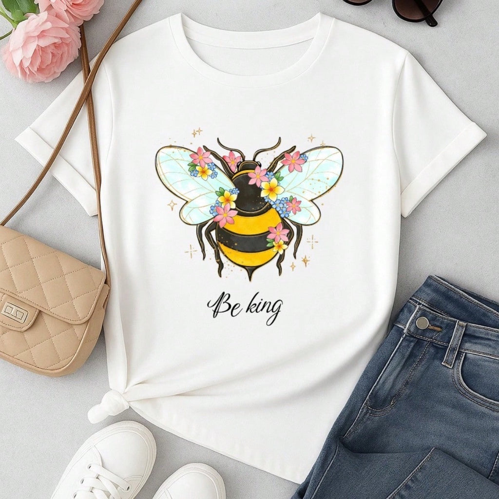 Blusa Feminina 100% Algodão Be Kind | Camiseta Estampada Abelha Floral Casual | P ao GG