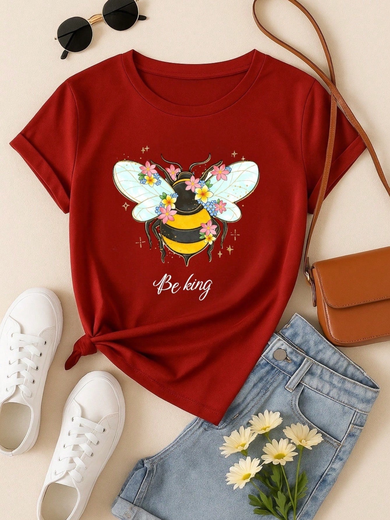 Blusa Feminina 100% Algodão Be Kind | Camiseta Estampada Abelha Floral Casual | P ao GG