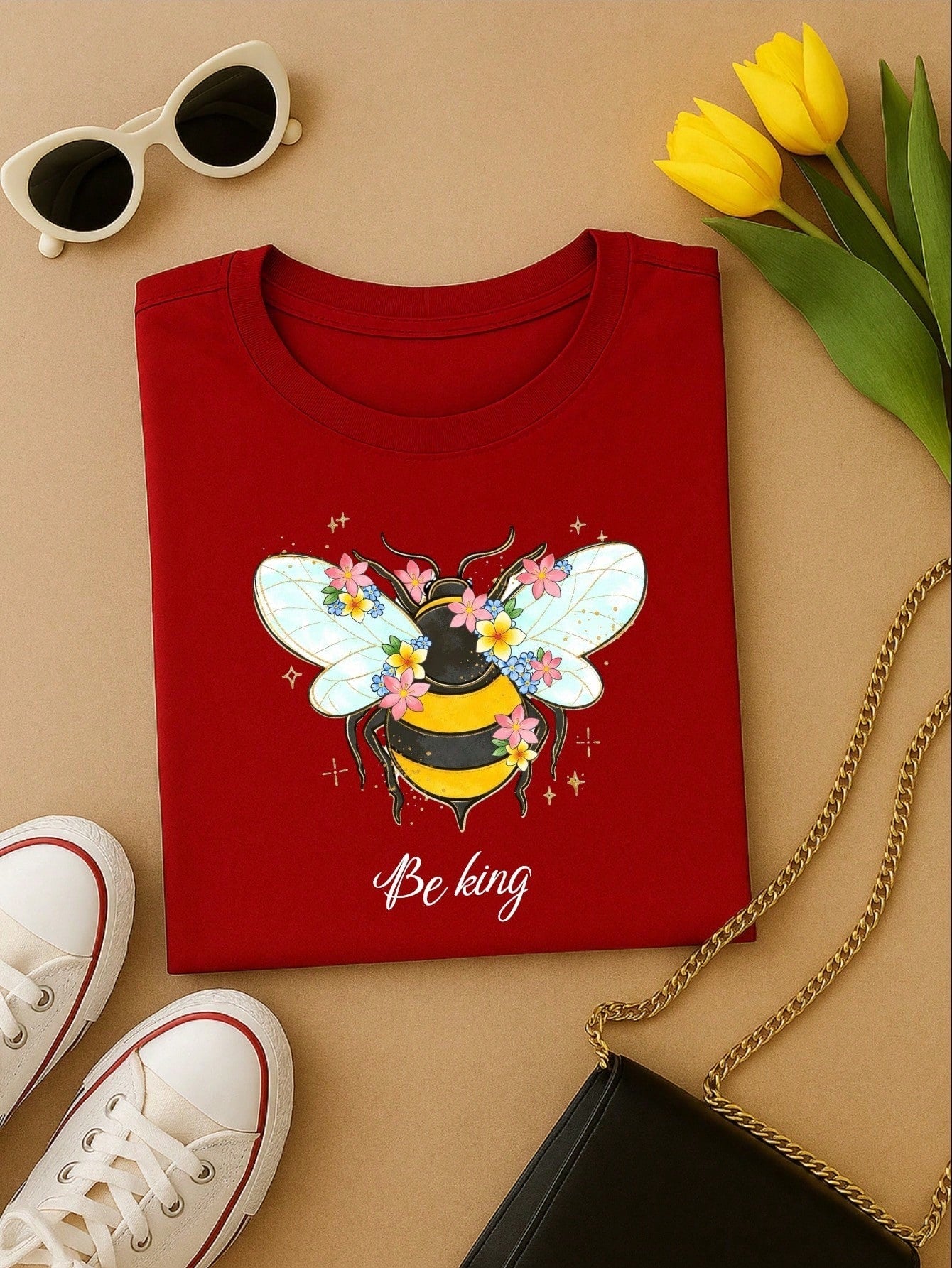 Blusa Feminina 100% Algodão Be Kind | Camiseta Estampada Abelha Floral Casual | P ao GG